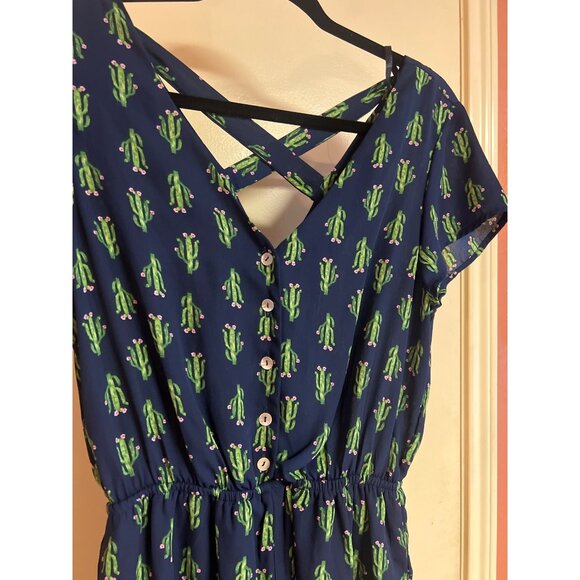 Cactus Print Romper By As U Wish - Size S 100% Polyester Blue & Green Made In Ch - Picture 2 of 7